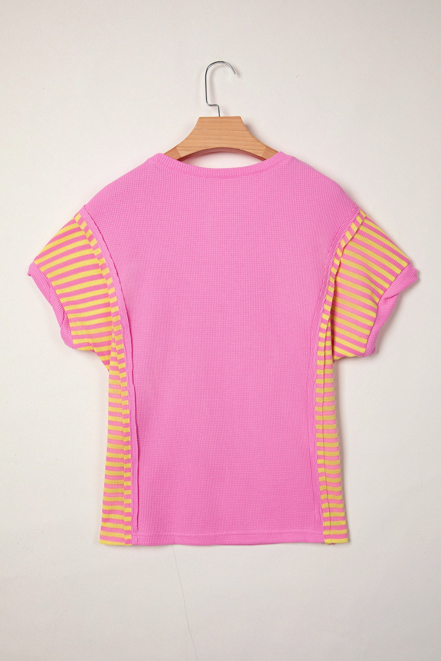 Waffle Striped Textured Contrast Loose T Shirt in Pink
