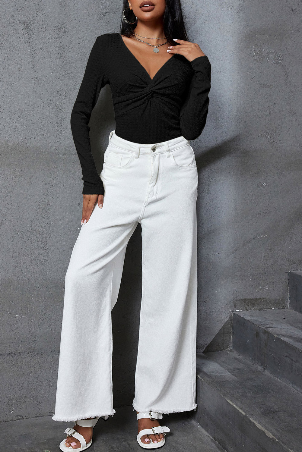 Twist Front Textured Front V-Neck Long-Sleeved Slim Solid Top in Black