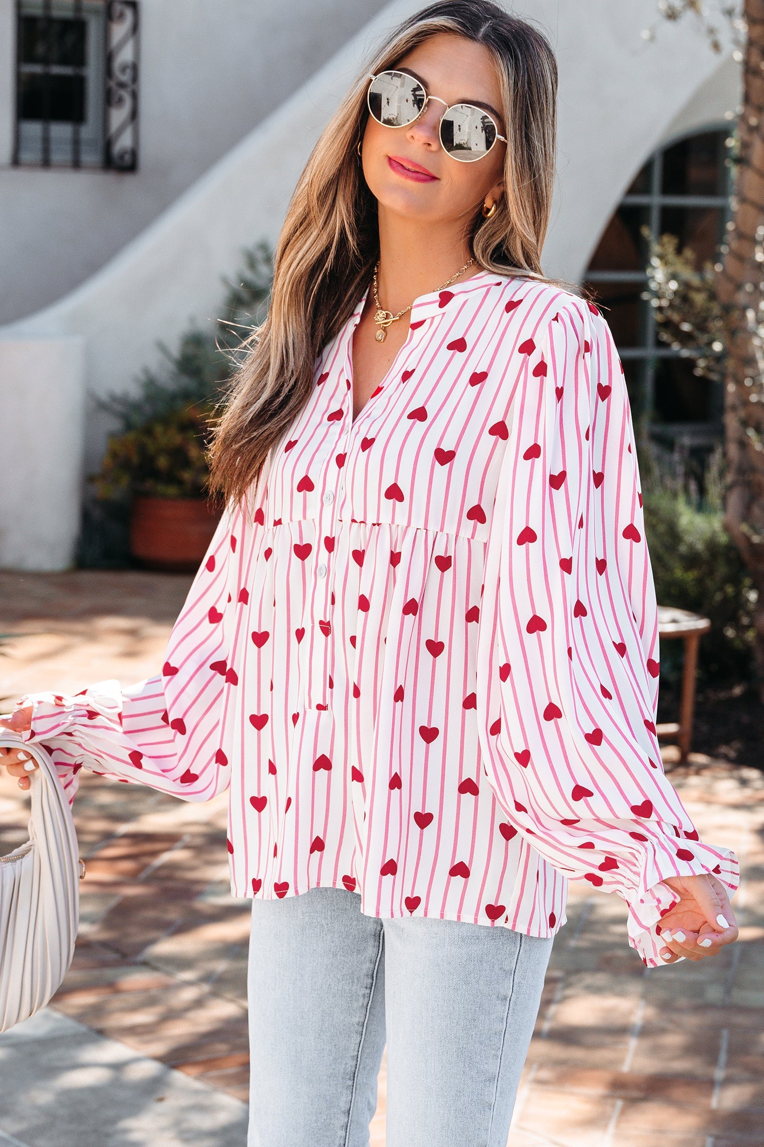 Stripe Long Heart Print Flounce Sleeve Shirt in Pink