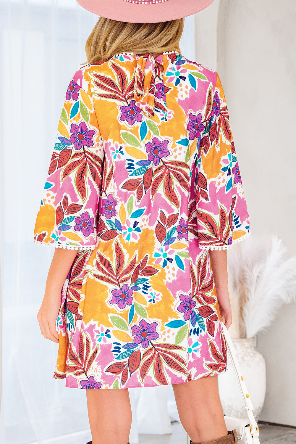 Floral-Print Lace Trimmed Tie Back Bell Sleeve Swing Mini Dress