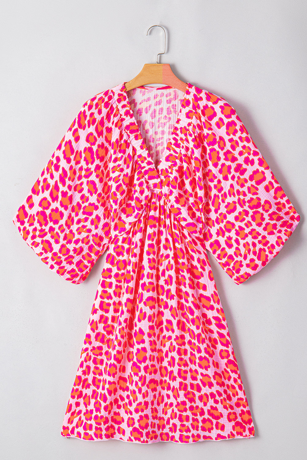 Pink Leopard Print Elasticated 3/4 Puff Sleeve Dress