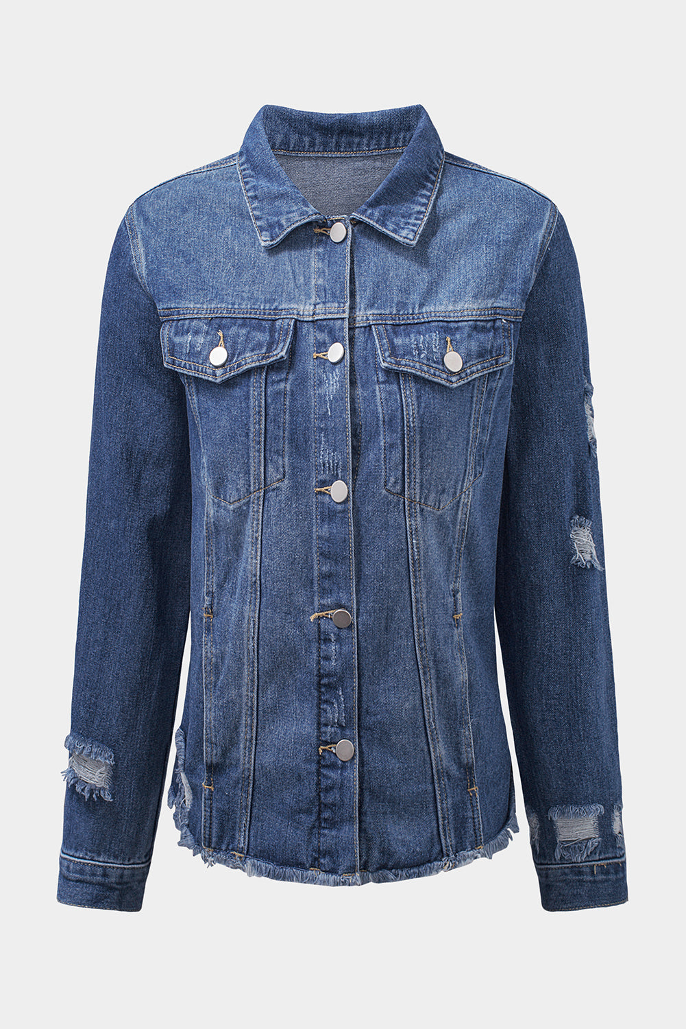 Women's Denim Jacket with Lapel Distressed Raw