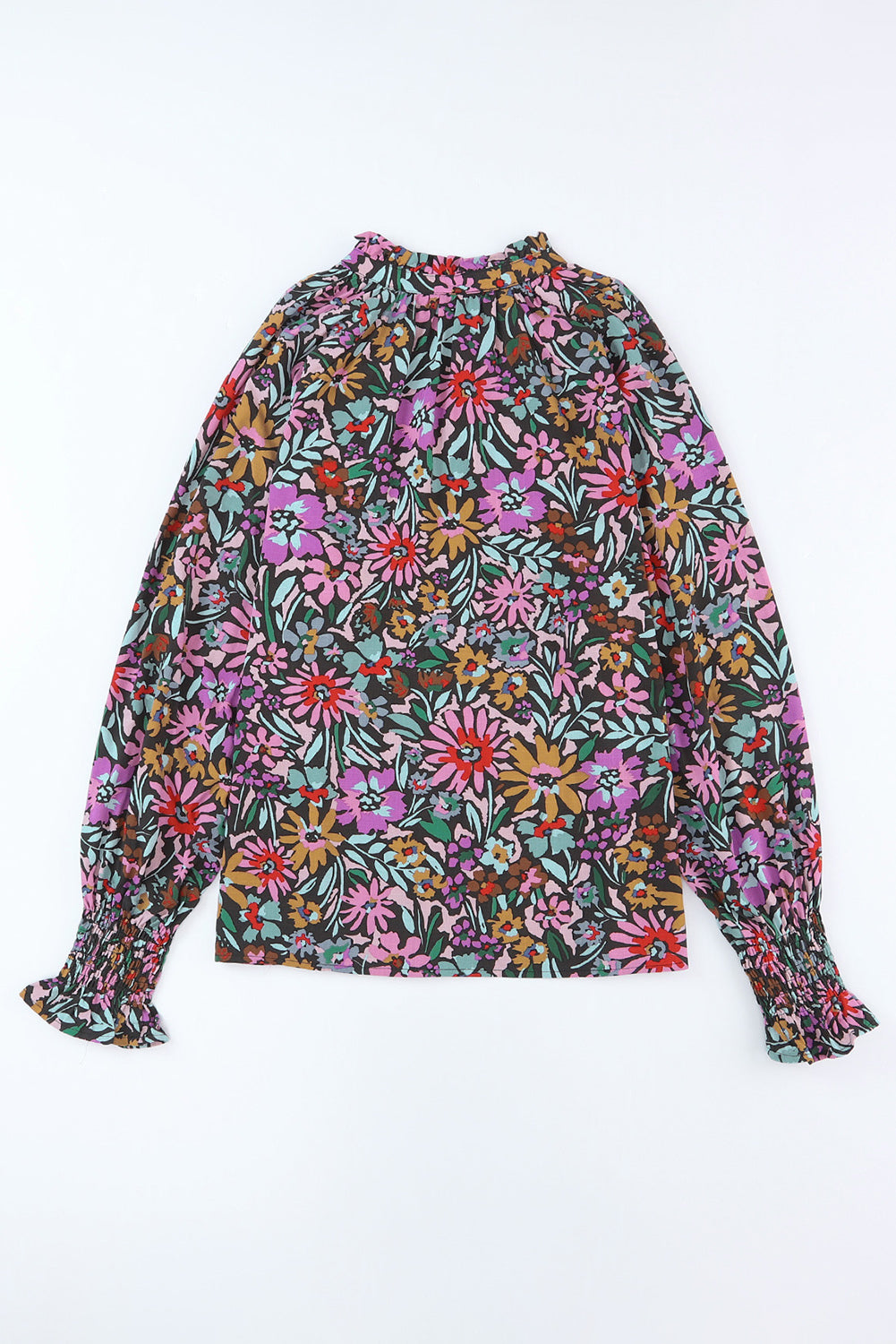 Blouse for Women Floral-Print Print Ruffle-Trimmed Long-Sleeve V Neck