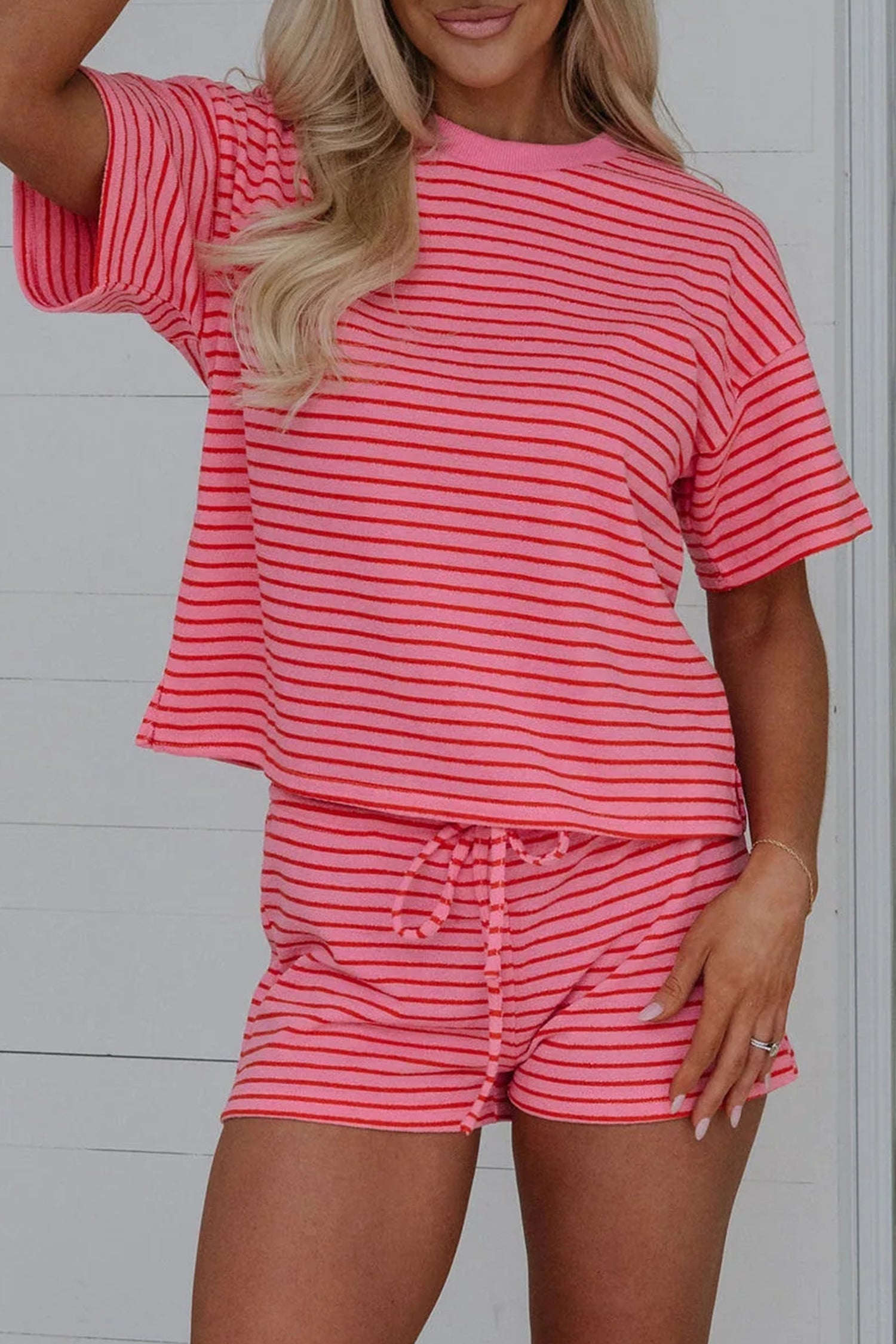 Stripe Side Rose Side Split Knit Tee Drawcord Shorts Set