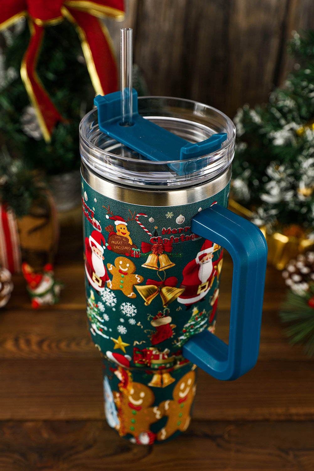 Handled Christmas Print Stainless Steel Tumblers 40oz