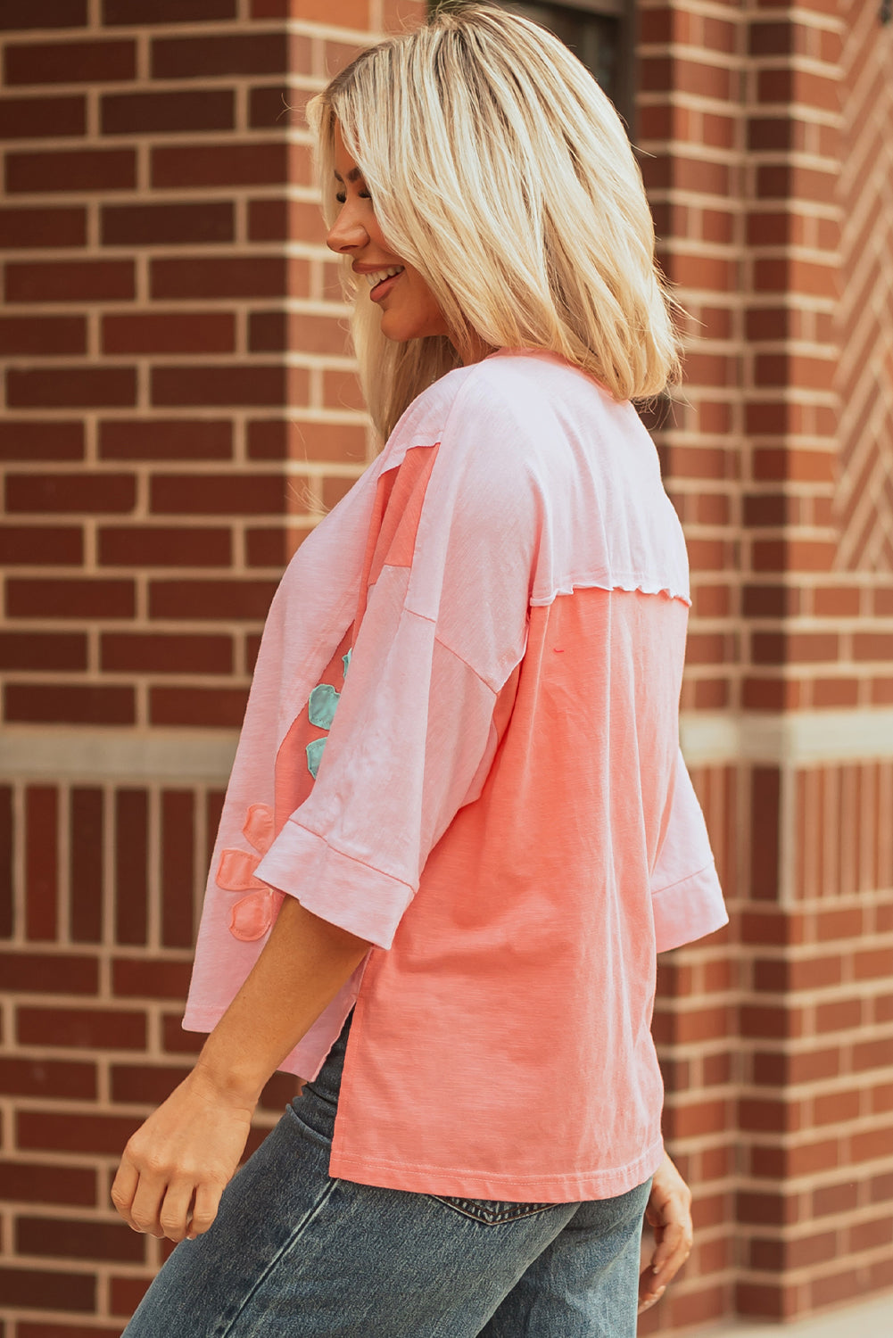 Exposed Flower Patched Seam Bracelet Sleeve Roomy T Shirt