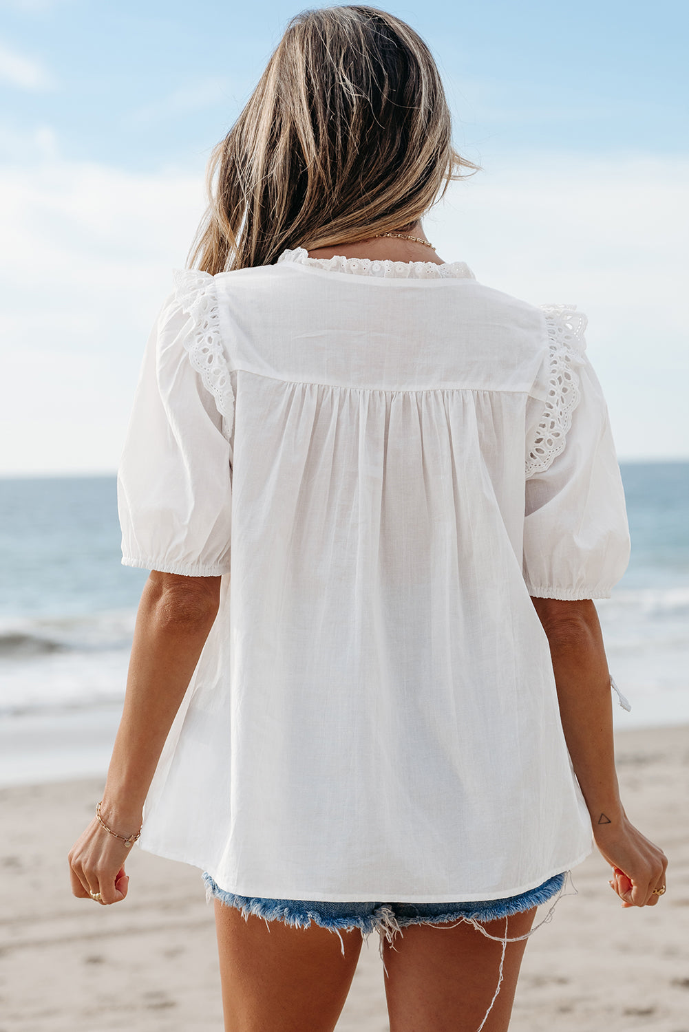 Embroidered Lace Puff Short Sleeve Blouse