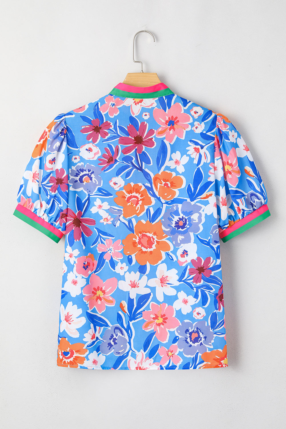 Edge Floral Colorblock Puff Sleeve Split Neck Blouse