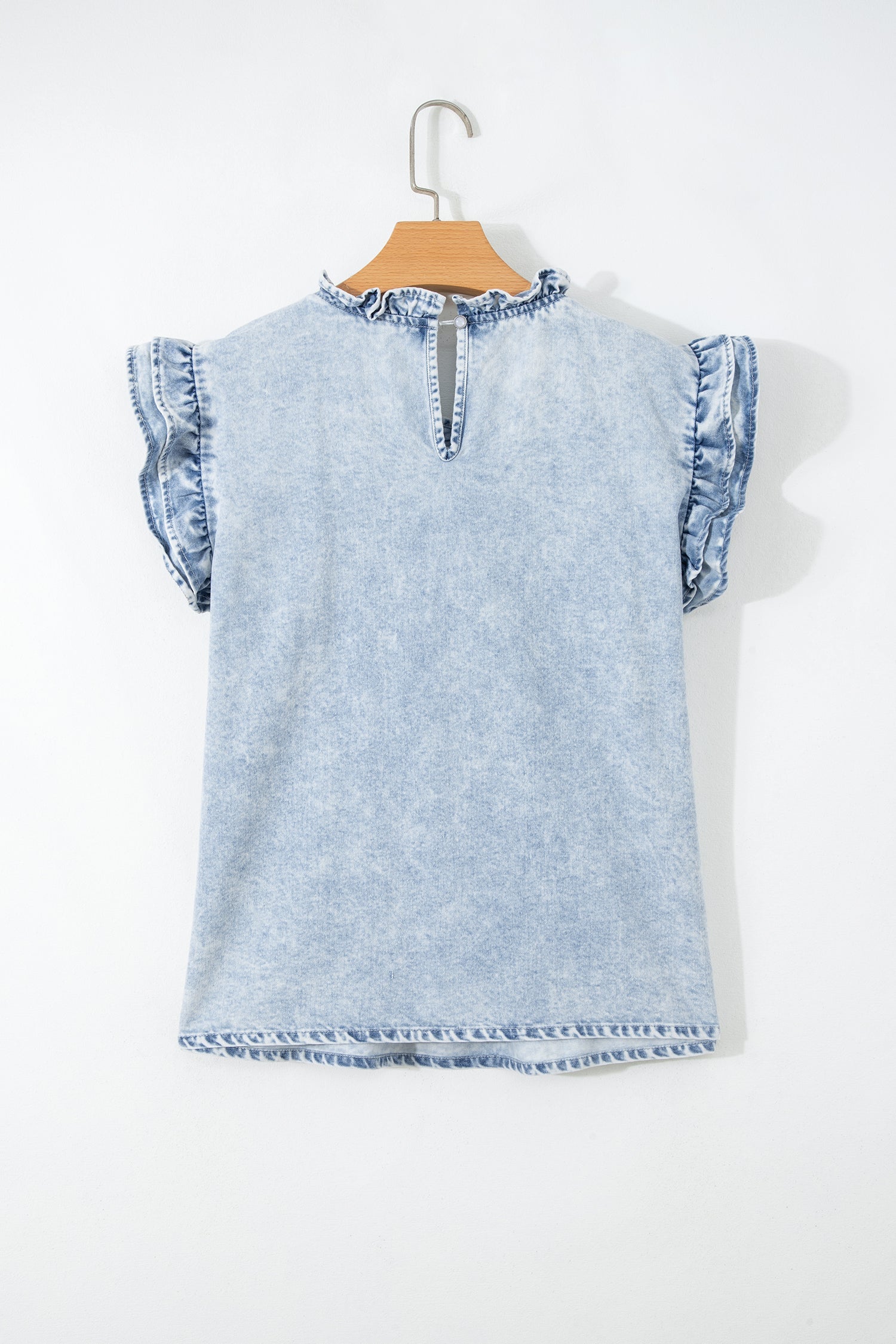 Detail Ruffle Pleated Retro Washed Denim Top in Beau Blue