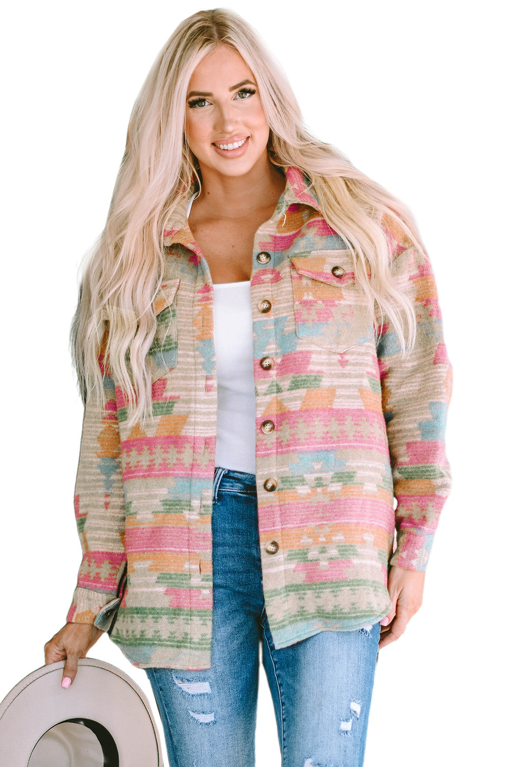 Women's Shacket Featuring Pink Western Aztec-Pattern Button Flap Pocket