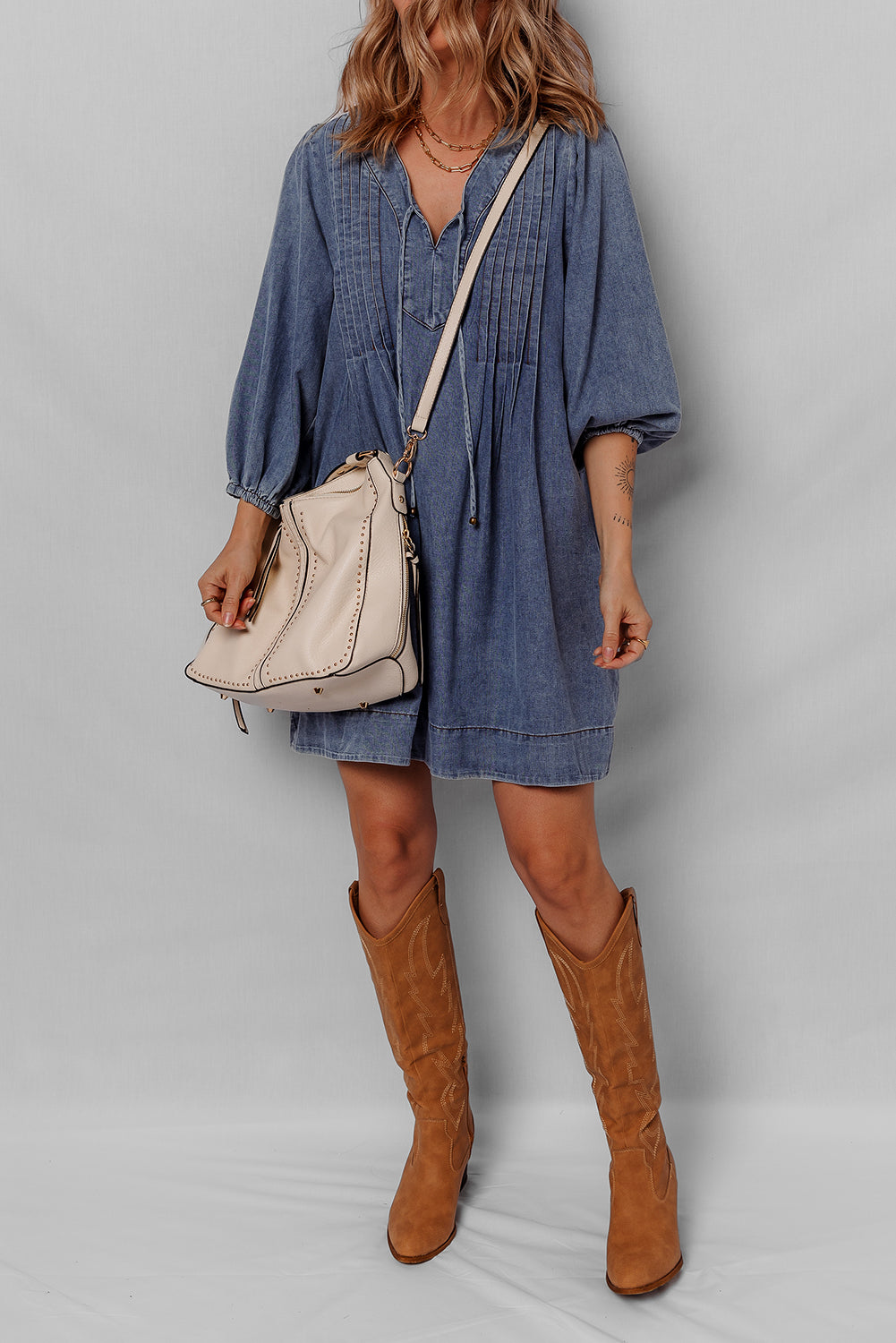 3/4 V-Neck Sleeve Tied Pleated Denim Mini Dress