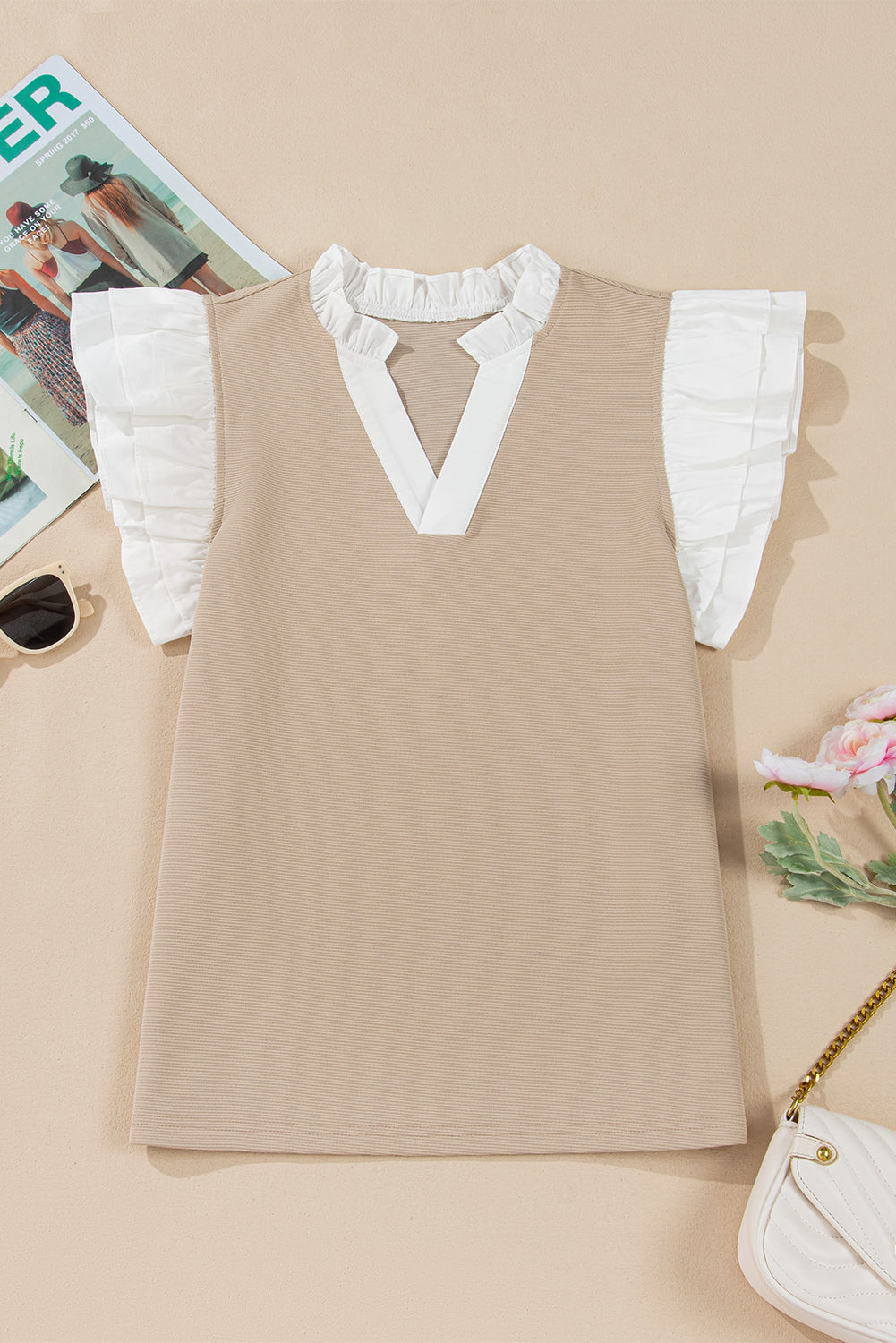 Contrast V Neck Ruffled Textured Knit Top