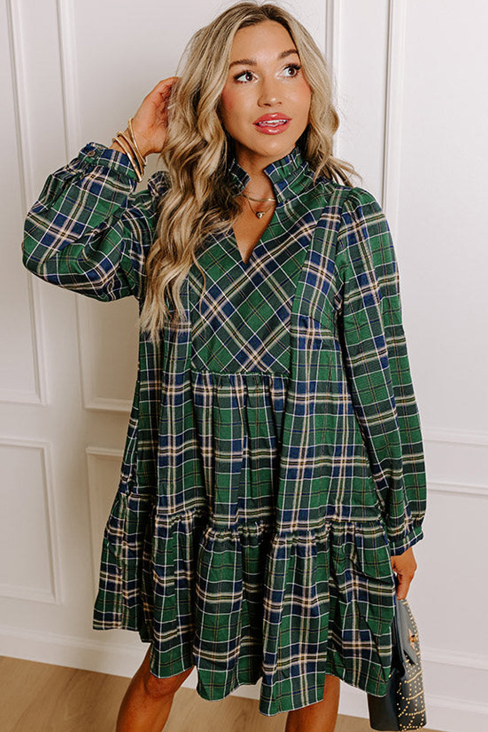 Print Frilly Plaid Frilly Collar Long-Sleeved Shift Mini Dress