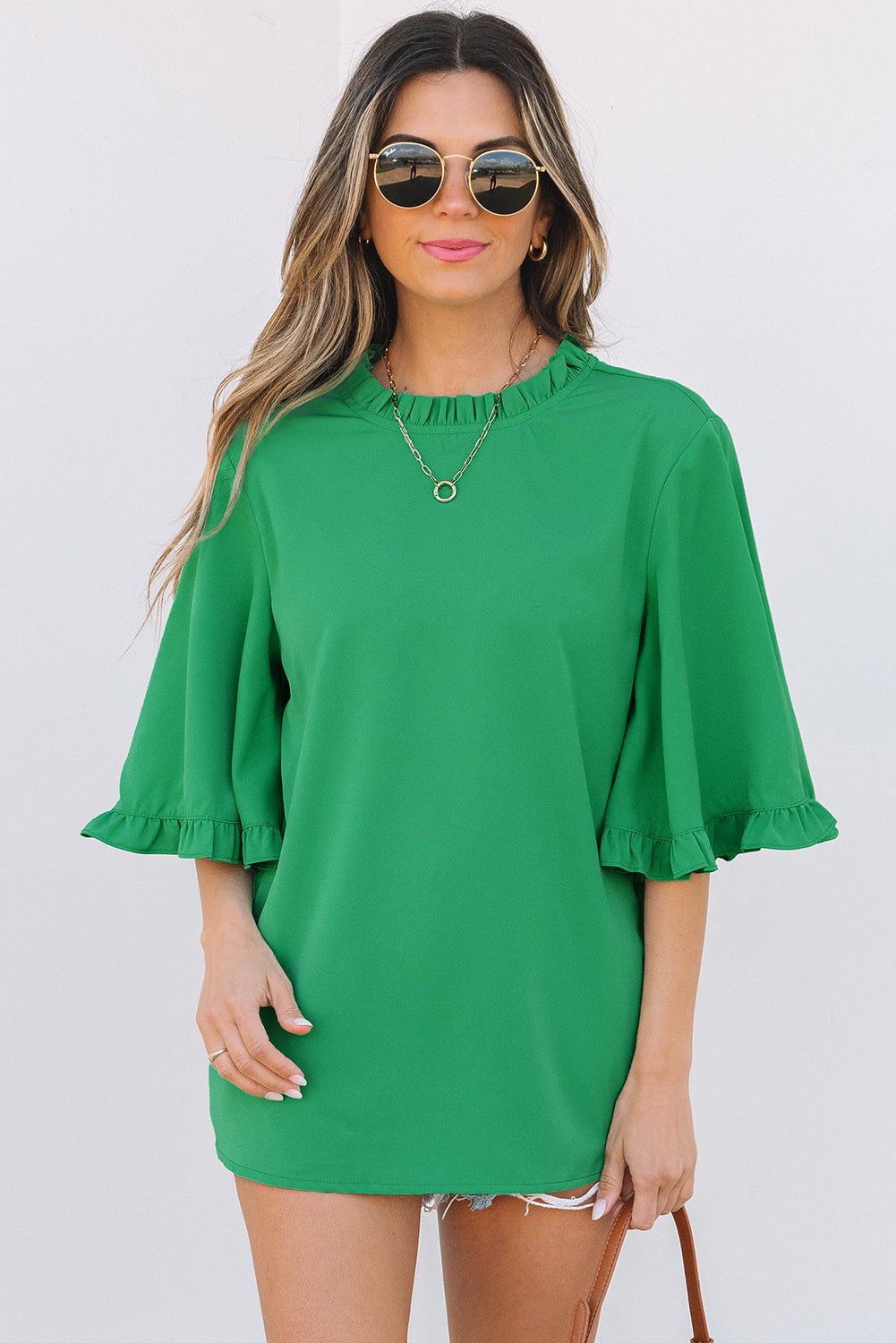 Wide Frilly Round-Neck Half Sleeve Blouse