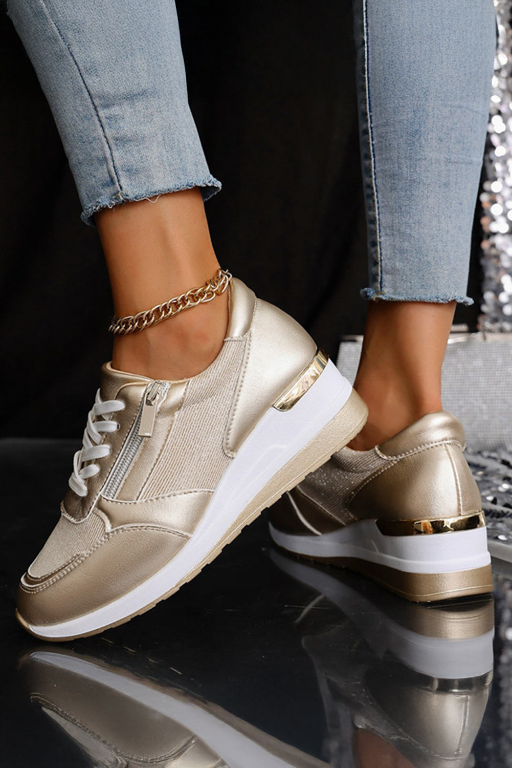 PU Leather Patchwork Zip Lace-up Sneakers