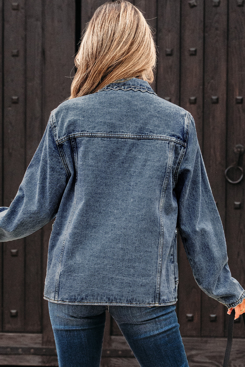 Collar Scallop Trim Patched Pocket Button-Front Denim Jacket