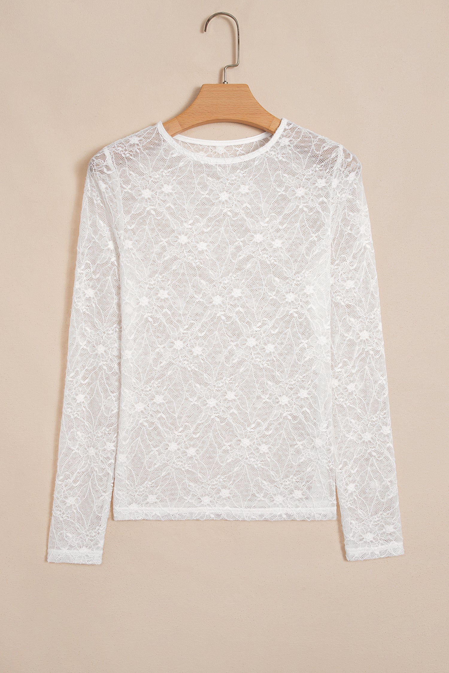 Sheer Mesh Long-Sleeved Mesh Lace Top in Beige