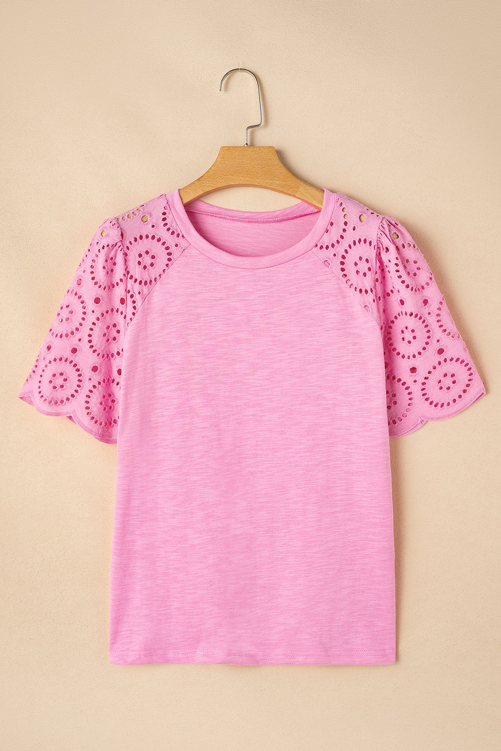 Pink Eyelet Embroidery Scalloped Sleeve T Shirt