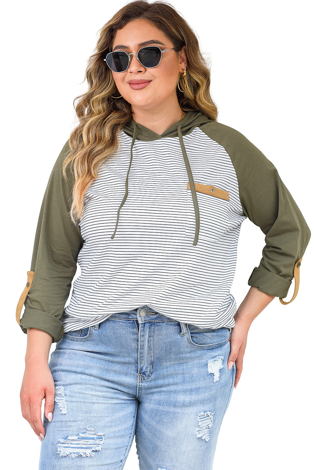 Sweat à Capuche Rayé à Manches Raglan et Poche Boutonnée de Grande Taille