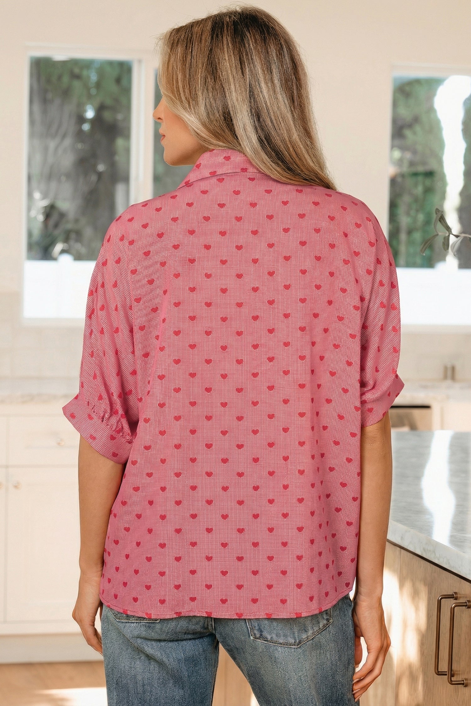 Shape Print Heart Print Half Sleeve Loose Valentine Shirt