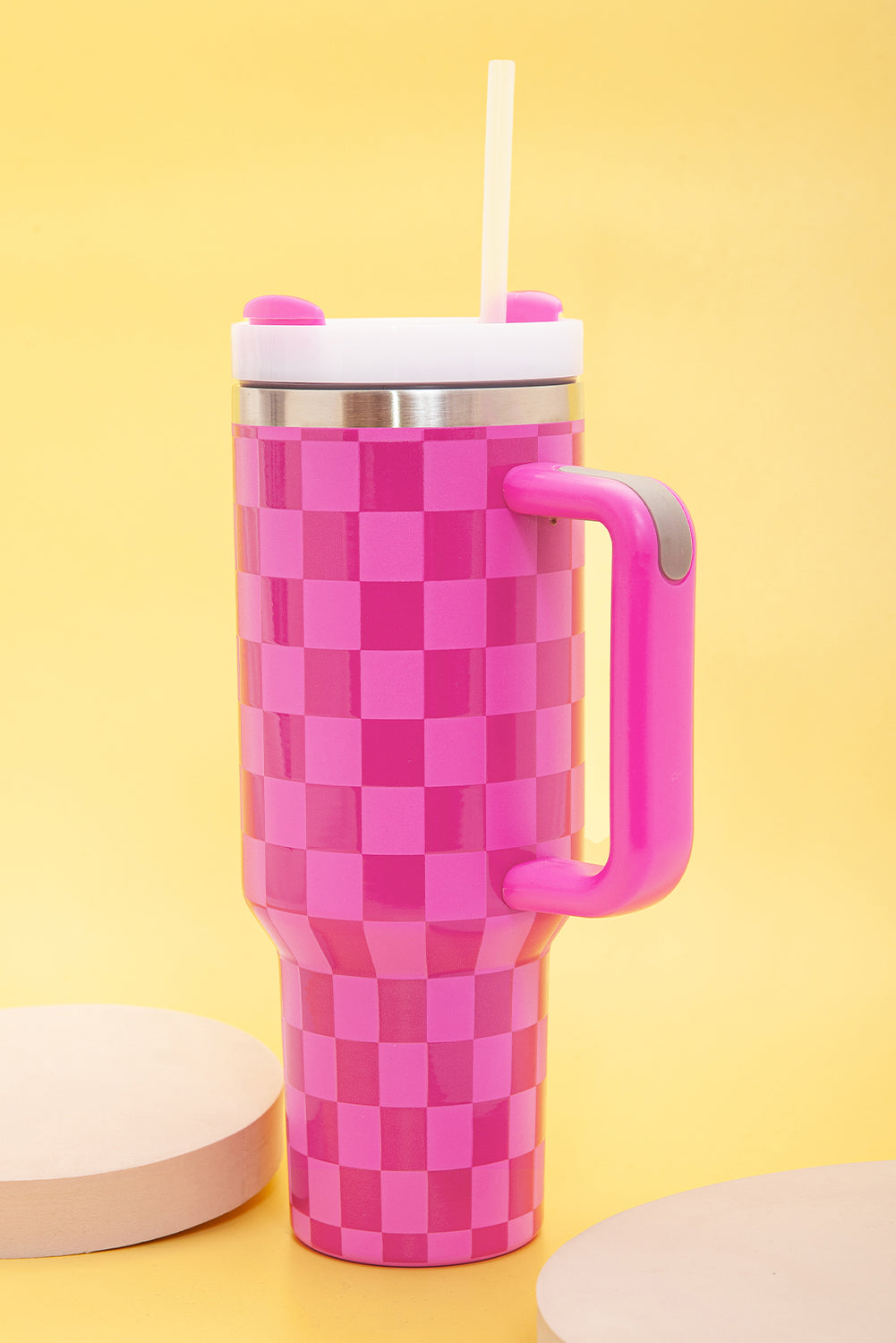 Handled Checkered Print Stainless Steel Tumbler Cup 40oz