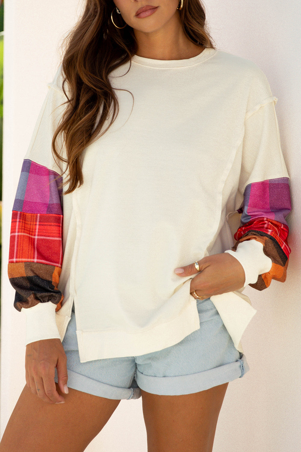 Contrast Plaid Long-Sleeved Exposed Seam Patchwork Top in Beige
