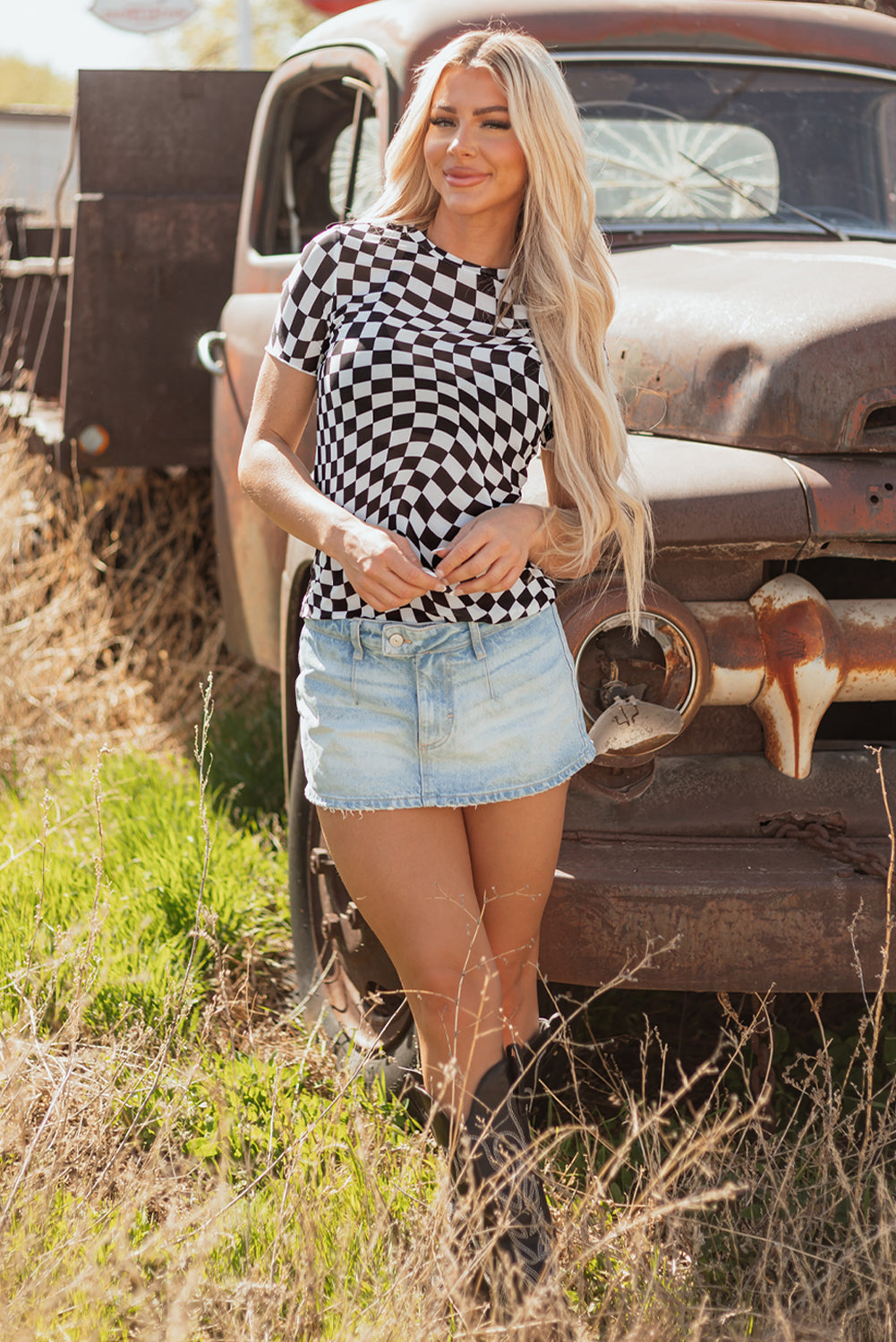 Checker Mesh Crew Neck T Shirt