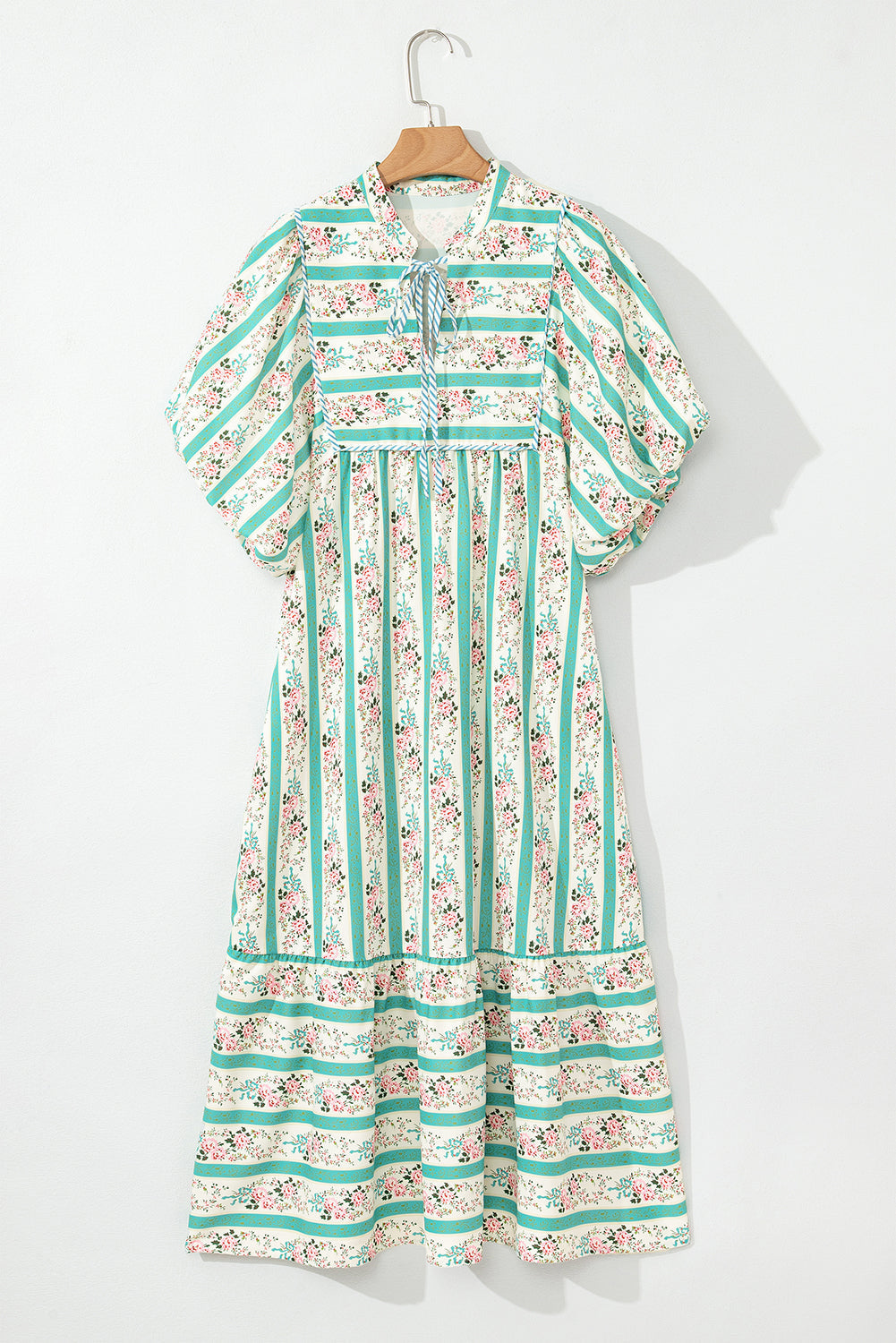Striped Floral Print Tie Split Neck Puff Sleeve Midi Dress