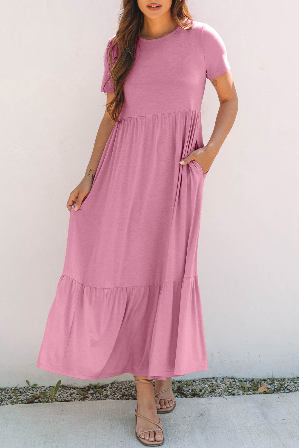 Solid Color T-shirt High Waist Pocketed Long Dress