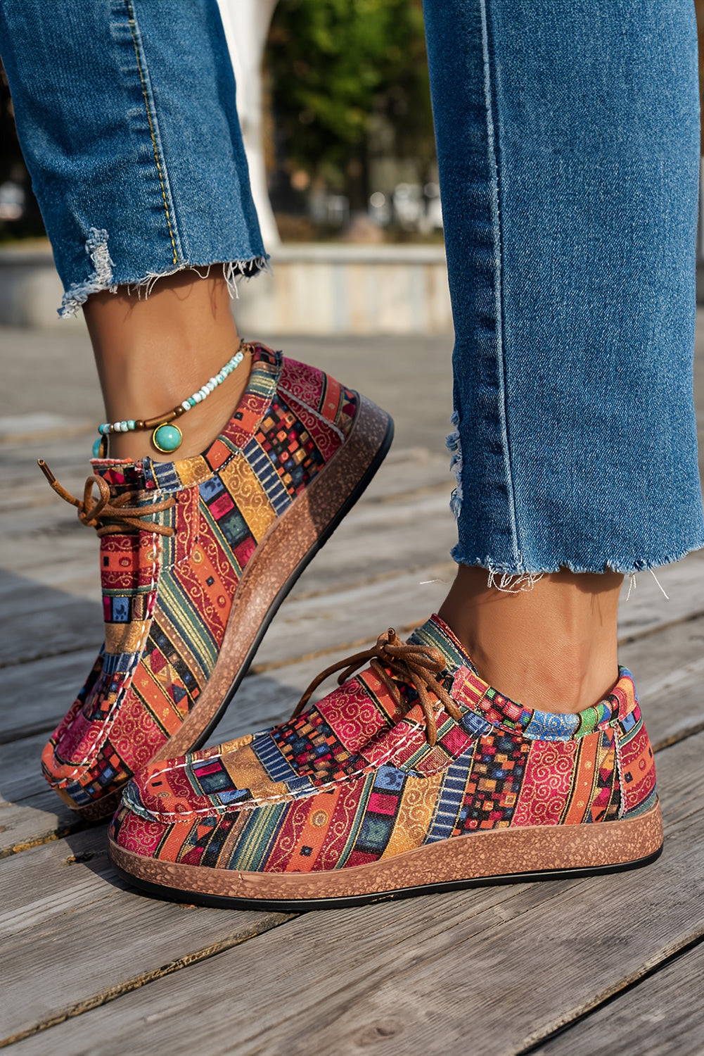 Print Faux Western Faux Suede Lace-up Decor Slip On Shoes