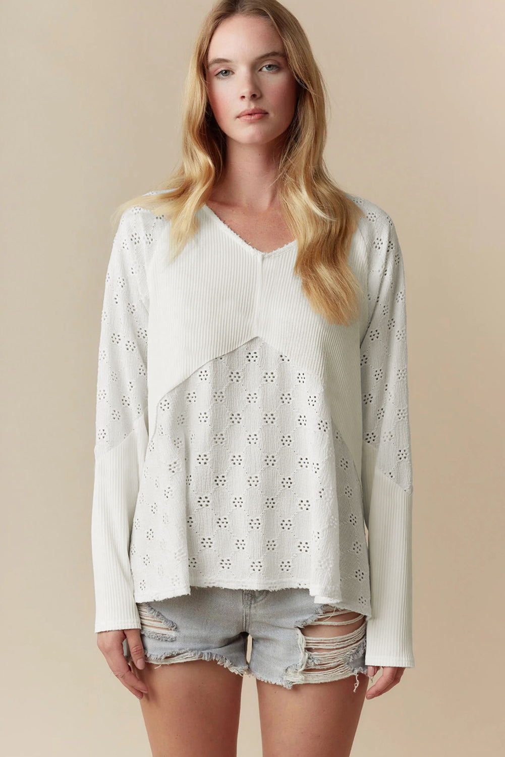 Twisted Embroidered Rib Patchwork Loose V-Neck Long-Sleeved Top