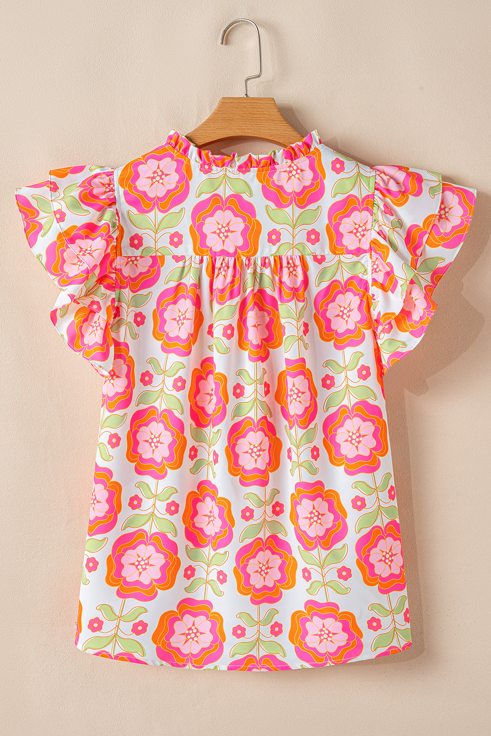 Floral Ruffled Sleeve Ric-rac Trim Split Neck Loose Blouse