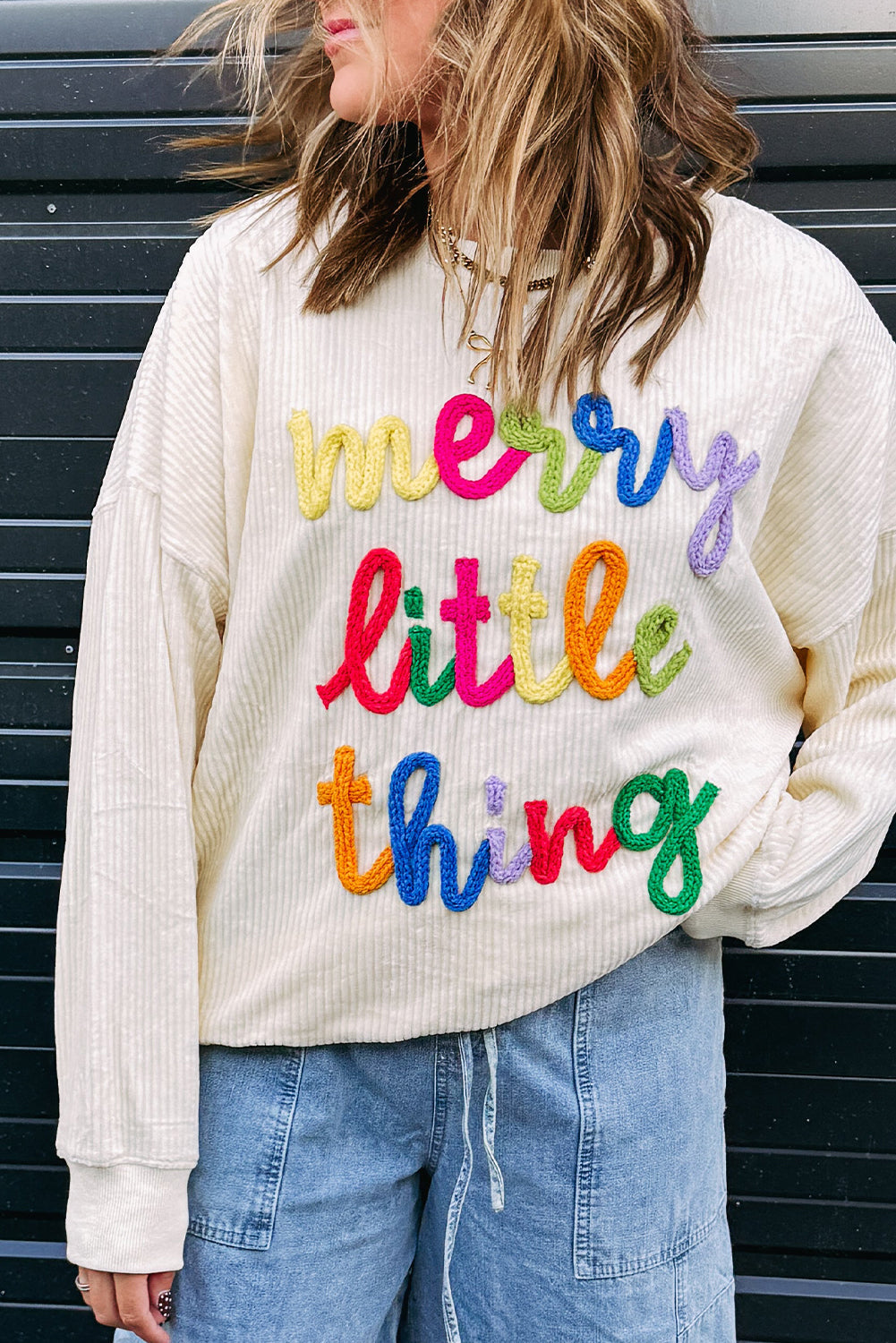 little thing merry thing Corded Letter Graphic Rib-Knit Loose Sweatshirt