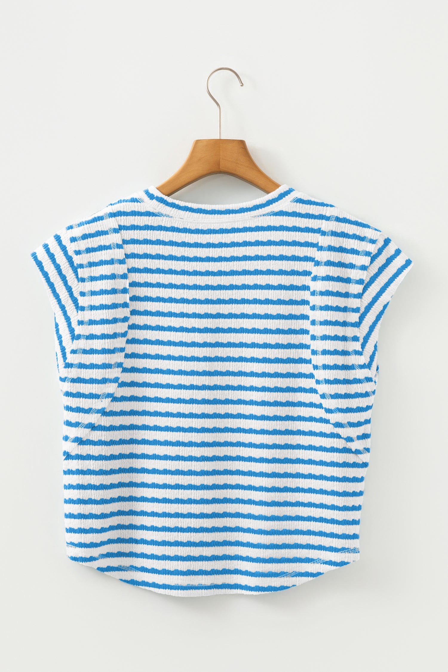 Stripe Textured Short-Sleeved Patchwork T Shirt in Blue