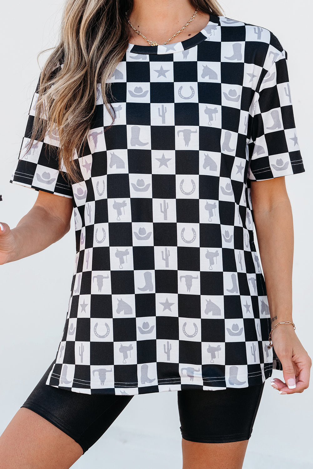 Black Western Checkerboard Print Side Split T Shirt