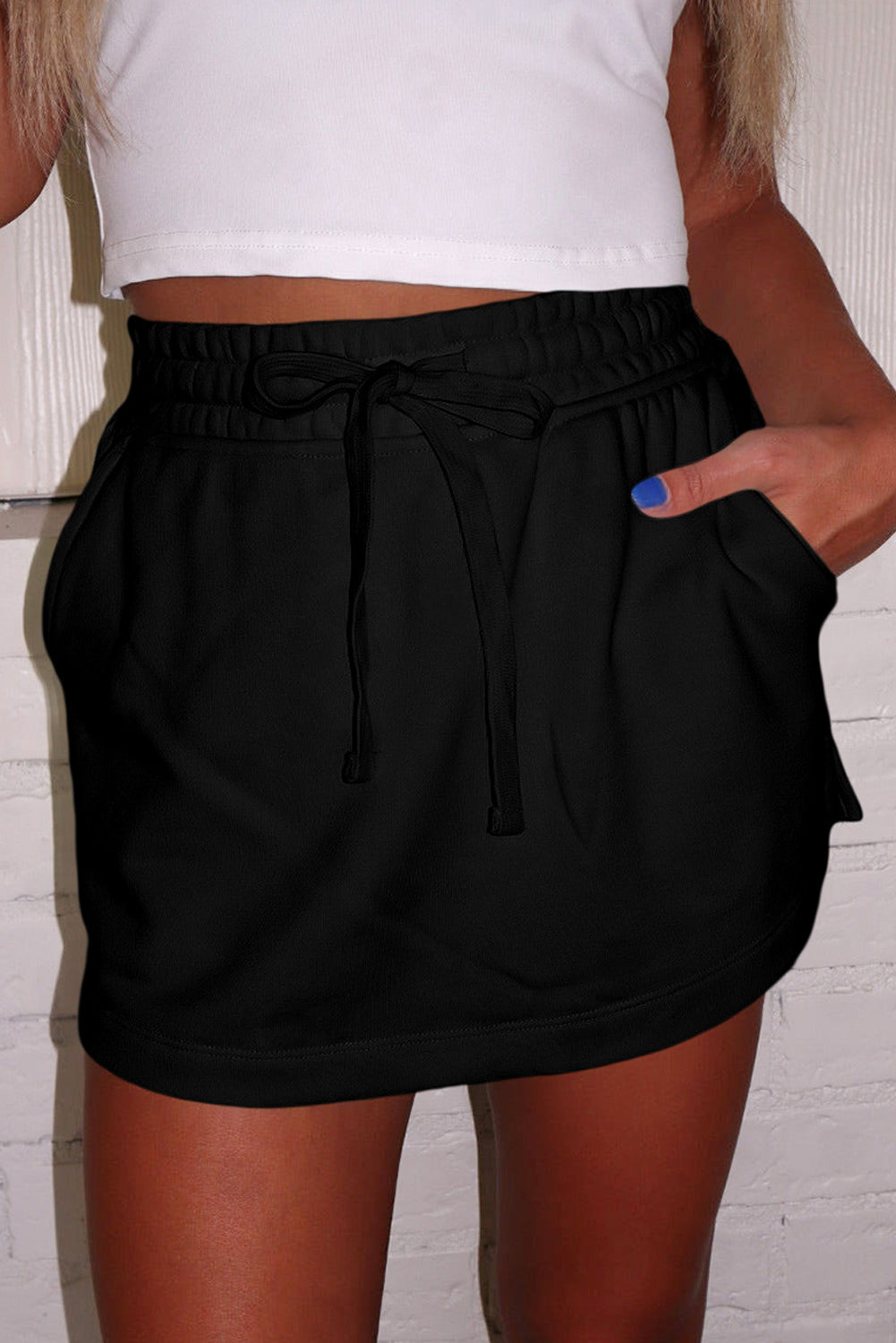 Terry Drawcord French Drawcord Elastic Waistband Mini Skort in Black
