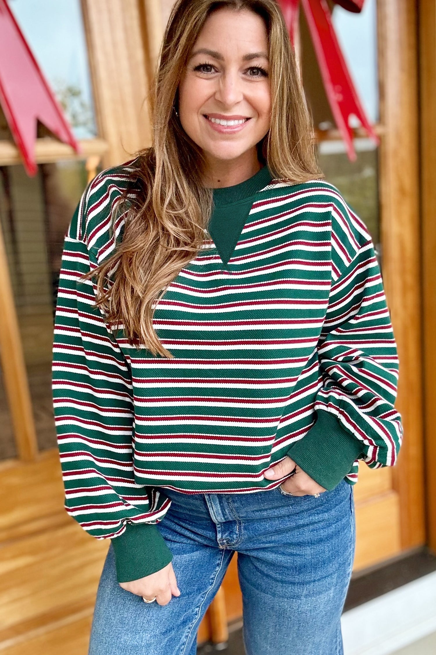 Stripe Round-Neck Long-Sleeved Shift Plus Size Sweatshirt in Green