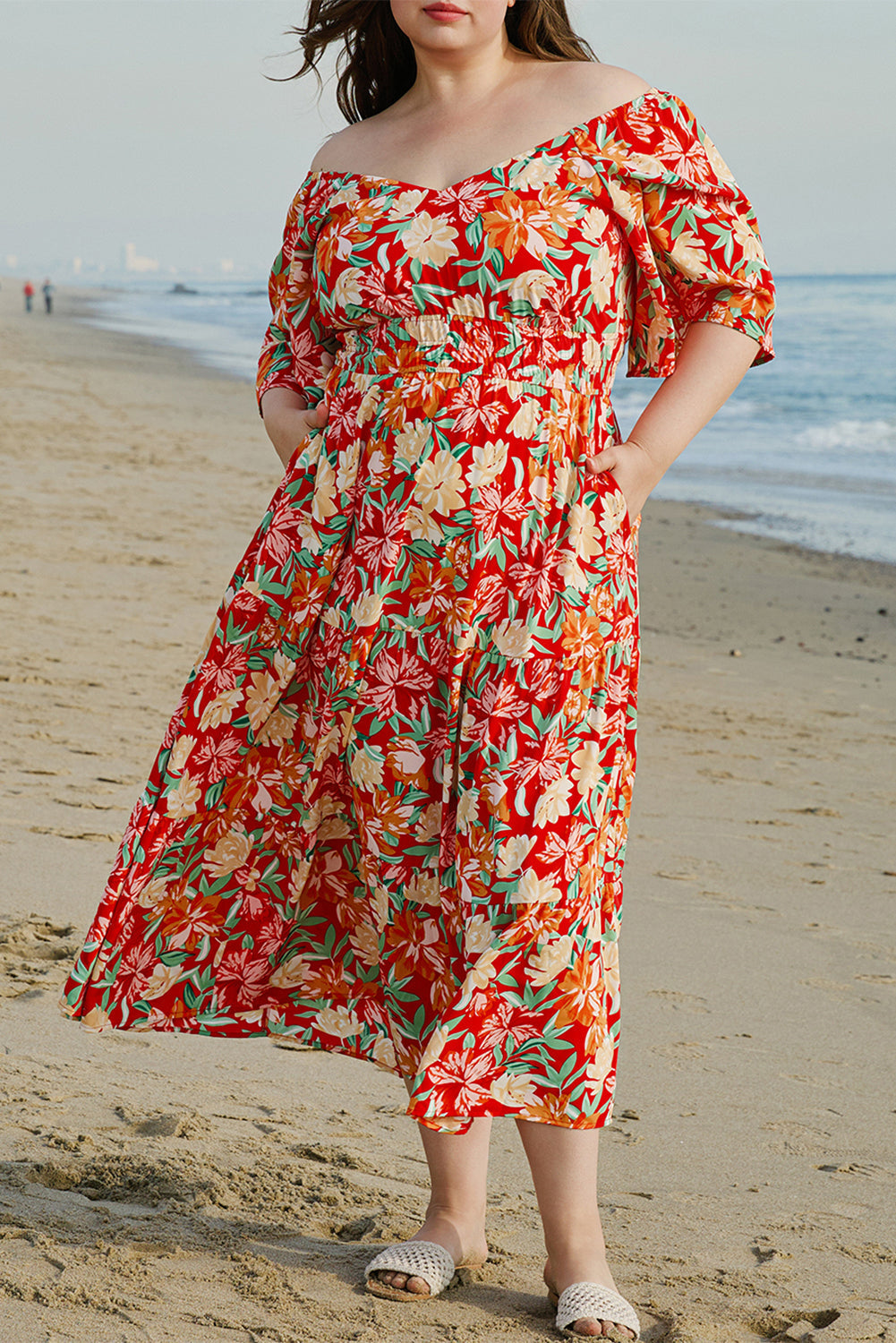 Floral Cinched Waist Long Plus Size Dress