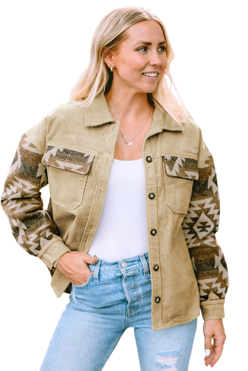 Women's Aztec-Pattern Patchwork Frayed Edge Khaki Cord Jacket