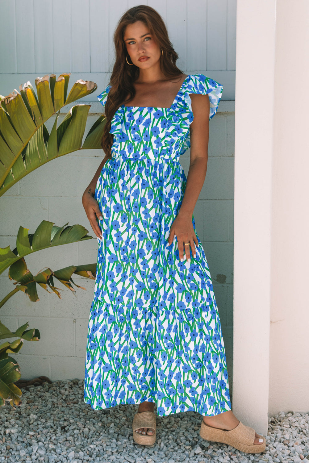Floral-Print Square Neck Ruffled Strap Maxi Dress