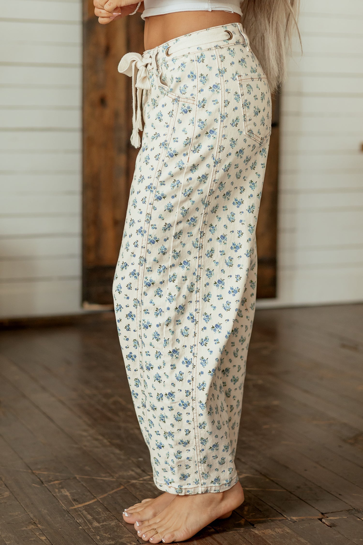 Grommet Knot Waist Floral Barrel Leg Jeans in Beige