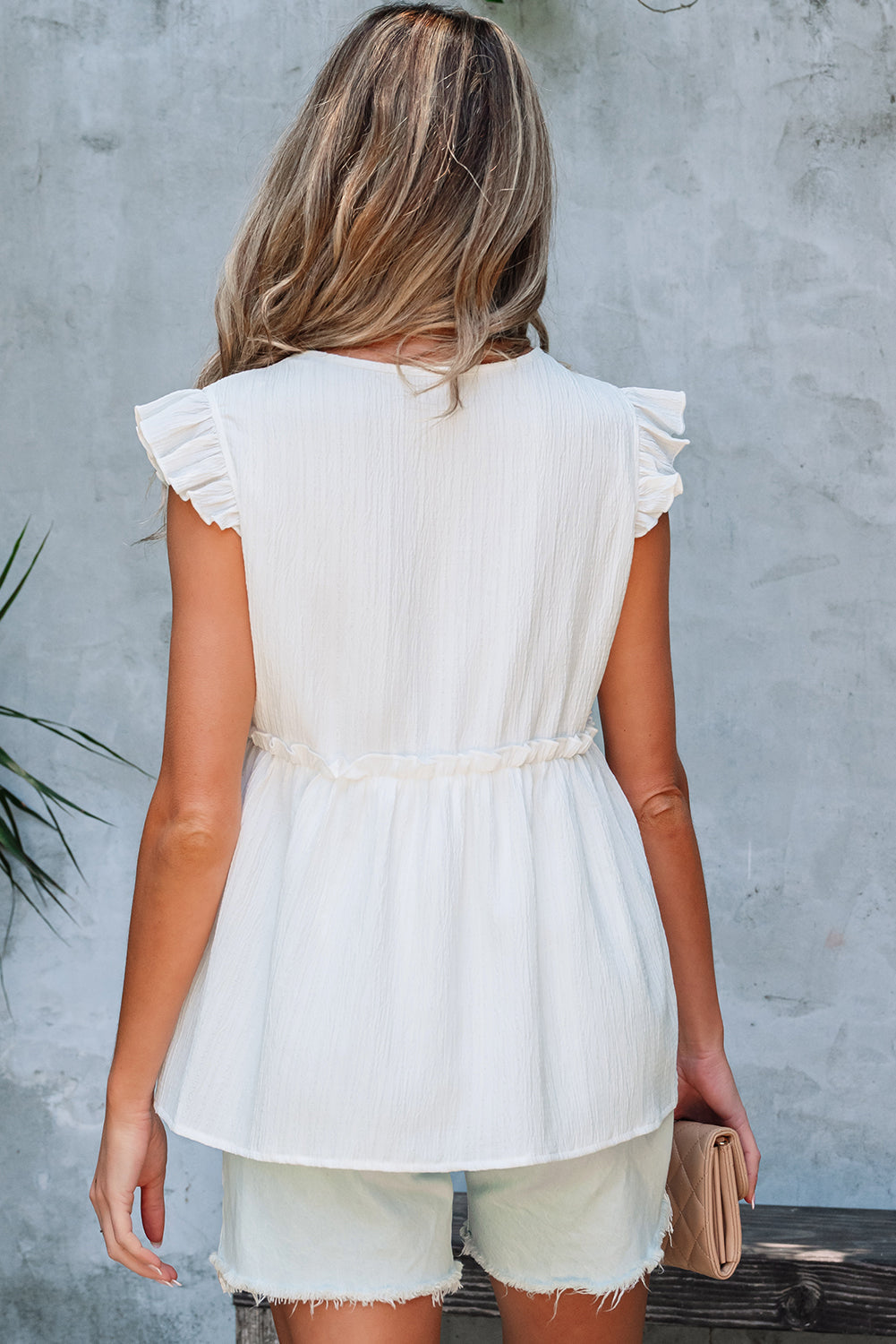 Textured V-Neck Ruffled Trim Flutter Flowy Top