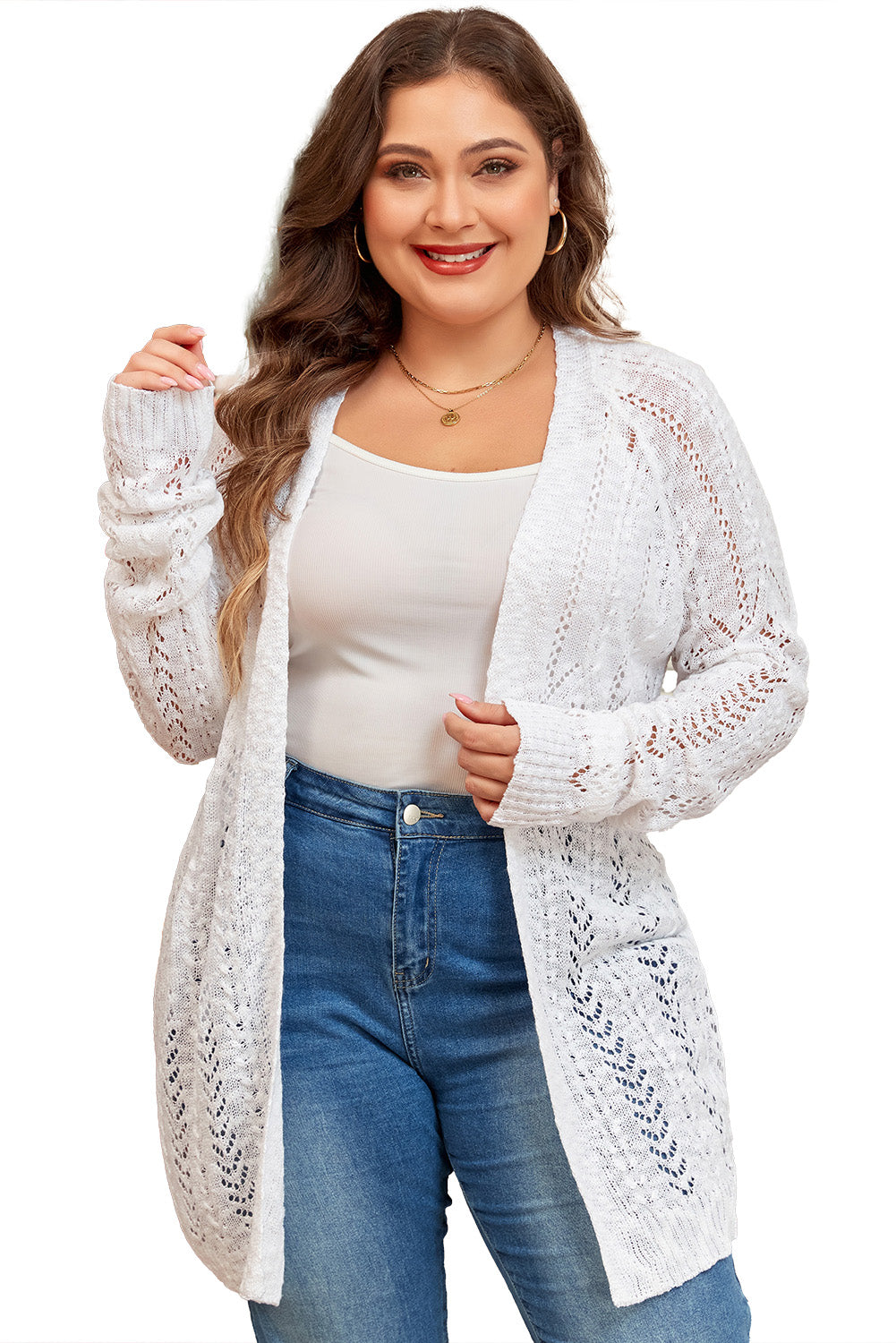 Cardigan Ouvert sur le Devant en Tricot à Oeillets de Grande Taille