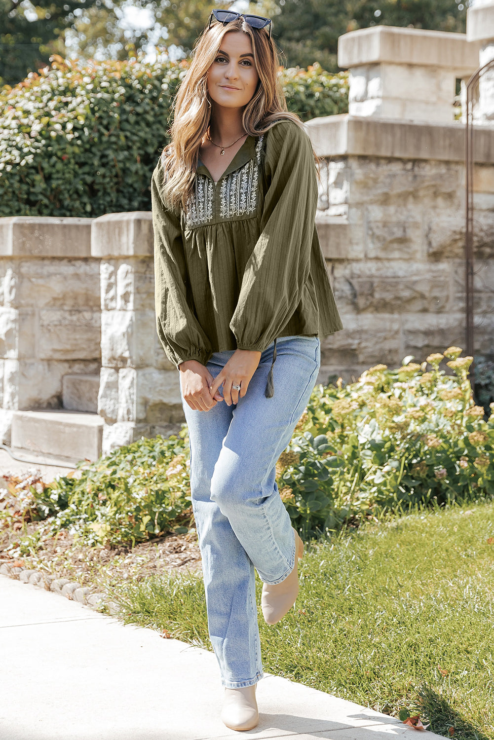 Women's Blouse with Green Split Neck Pleat-Detail Loose