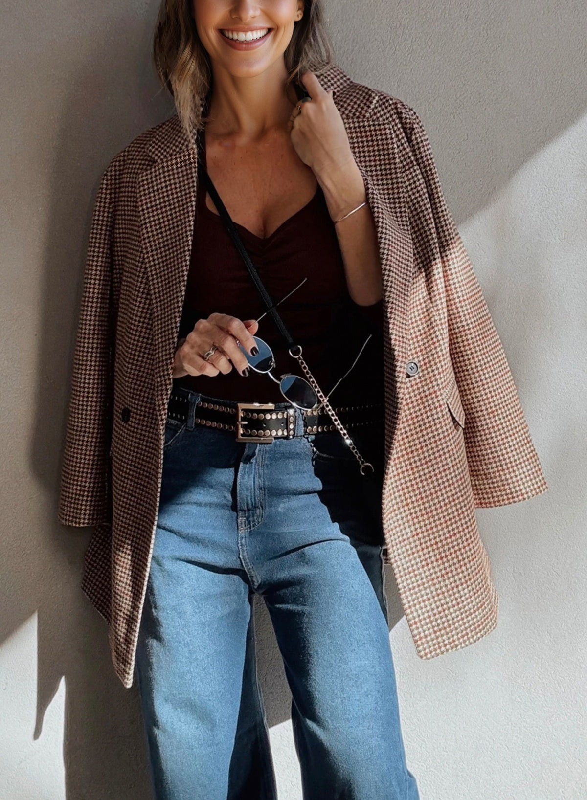 Houndstooth Lapel Collar Blazer in Brown