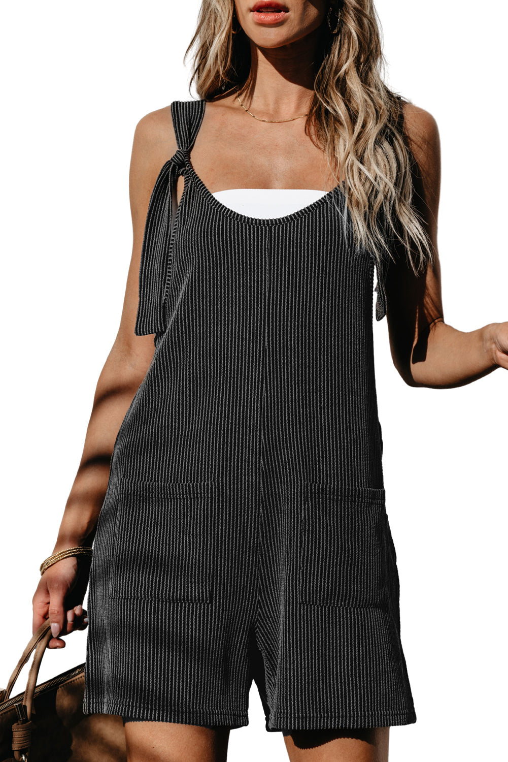 Women's Romper with Striped Knotted Straps Pocket-Detail