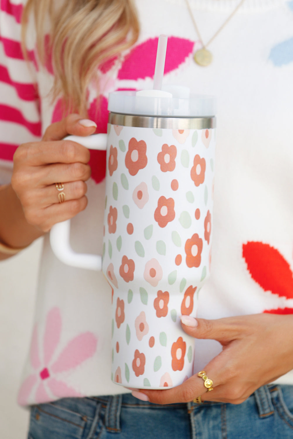 Floral Leaves Print Stainless Large Portable Cup 40oz