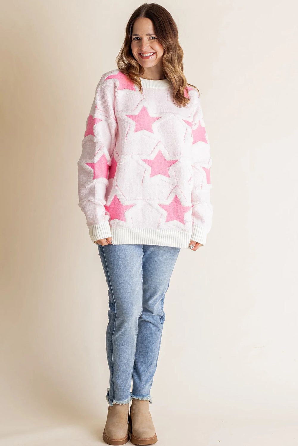 Roomy Cute Star Pattern Rib-Knit Edge Drop-Shoulder Knit Top