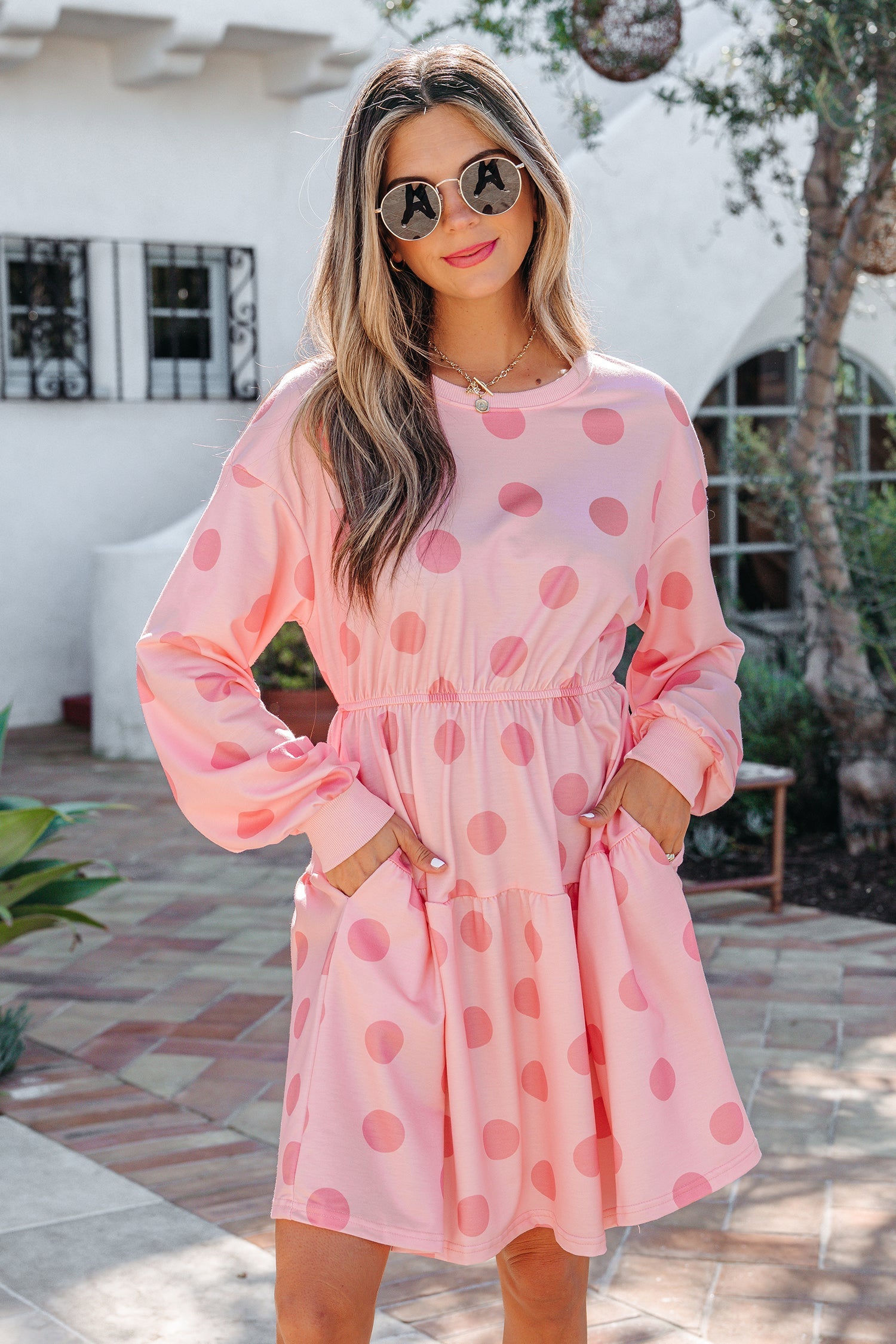 Polka-Dot Flared Printed Long-Sleeved Mini Dress in Pink