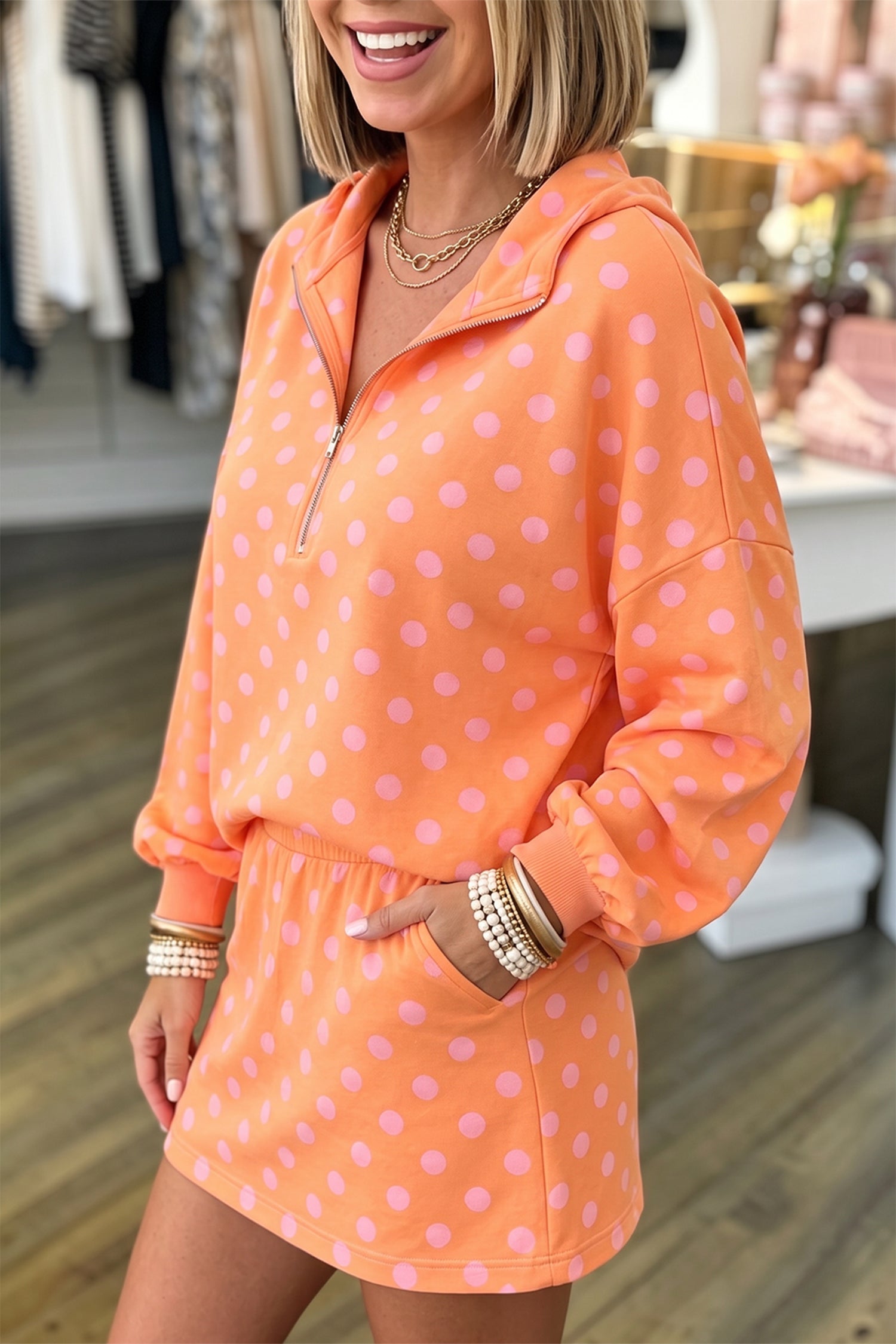Polka-Dot Hooded Long-Sleeved Top Everyday Mini Skort Set in Orange